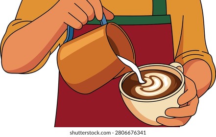 A barista skillfully pours milk to create beautiful latte art in a coffee cup