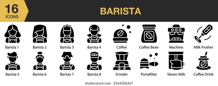 Barista solid icon set. Includes Barista, Coffee, Man, Shop, Store, Waiter, Waitress, and More. Solid icons vector collection.