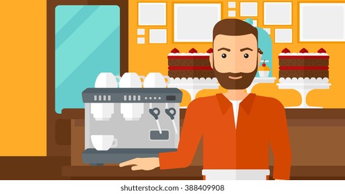 Barista standing near coffee maker.