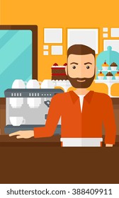 Barista standing near coffee maker.
