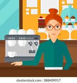 Barista standing near coffee maker.