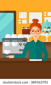 Barista standing near coffee maker.