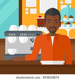 Barista standing near coffee maker.