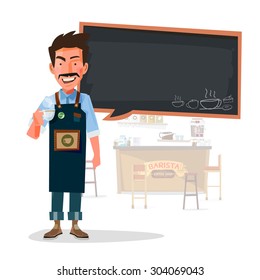 Barista Talking . Presenting. Coffee Shop Concept. - Vector Illustration