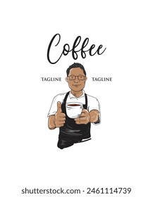 Barista thumbs up with cup of coffee illustration
