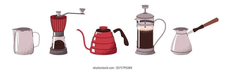 Barista tool set. Appliances for making hot coffee drinks in cartoon style. Flat vector illustrations isolated on white background