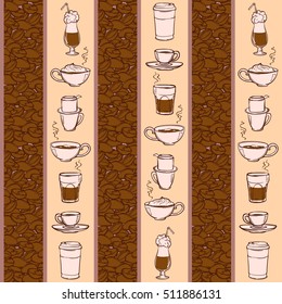 Barista tools and coffe cups. Equipment for various ways of coffee brewing and drinking. Coffee beans. Doodle style seamless pattern. Vertical rhythm. EPS10 vector illustration.