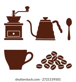 Coleção de ferramentas Barista com feijão manual moinho fluir sobre maconha colher caneca e sementes de café torrado ícones elementos vetor ilustração