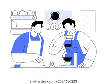 Barista entrenando Ilustraciones vectoriales de dibujos animados aislados. Profesional barista capacitando a un nuevo trabajador, haciendo café especializado, negocio de horeca, sector de servicios, dibujos animados de Vector expreso caliente.