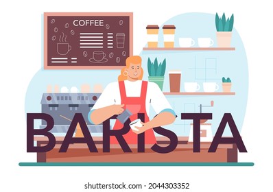 Barista typographic header. Bartender making a cup of hot coffe. Coffeehouse worker making tasty beverage with milk. Americano and cappuccino, espresso and mocha. Flat vector illustration