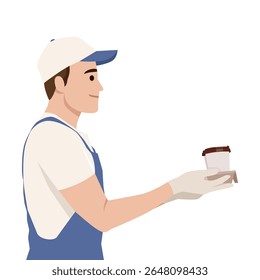 Barista de uniforme e luvas oferece uma xícara de café, destacando o calor, o serviço e a hospitalidade. Ilustração de vetor plano isolada no plano de fundo branco