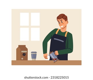 Barista in uniform holding coffee maker, preparing order for client. Small business owners. Professional barista occupation. Preparing coffee process. Vector flat illustration