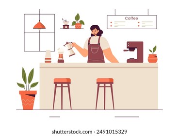 Barista Vector Illustration Wearing an Apron, Standing and Whipping Milk into a Coffee Mug for a Customer in a Flat Style Cartoon Background