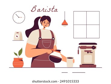 Barista Vector Illustration Wearing an Apron, Standing and Whipping Milk into a Coffee Mug for a Customer in a Flat Style Cartoon Background