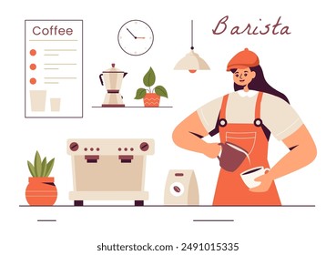 Barista Vector Illustration Wearing an Apron, Standing and Whipping Milk into a Coffee Mug for a Customer in a Flat Style Cartoon Background