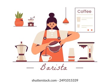 Barista Vector Illustration Wearing an Apron, Standing and Whipping Milk into a Coffee Mug for a Customer in a Flat Style Cartoon Background