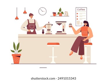 Barista Vector Illustration Wearing an Apron, Standing and Whipping Milk into a Coffee Mug for a Customer in a Flat Style Cartoon Background