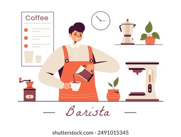 Barista Vector Illustration Wearing an Apron, Standing and Whipping Milk into a Coffee Mug for a Customer in a Flat Style Cartoon Background