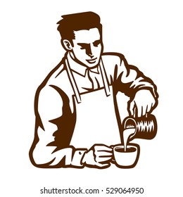 Barista waiter with apron preparing cappuccino pouring milk in coffee cup latte art black and white simple vector illustration