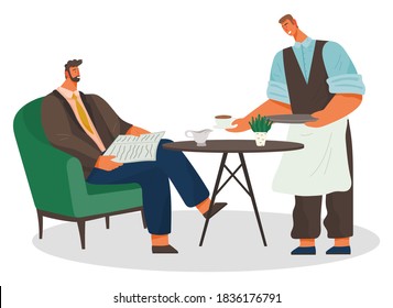 Barista or waiter bring cup with coffee for man. Businessman drinking beverage on lunch and reading newspaper. Guy sit on armchair by table. Place for relax and work in cafeteria. Vector illustration