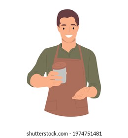  barista waitress guy made coffee. Design of restaurant staff characters. Vector hand-drawn illustration.