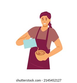 Barista or waitress pouring frothed milk into coffee, flat vector illustration isolated on white background. Portrait of barista preparing cappuccino.