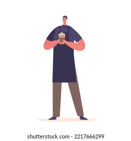 Barista Wearing Apron Holding Freshly Brewed Coffee Drink In Hands Isolated on White Background. Bartender Character Hold Delicious Cappuccino, Espresso, Americano. Cartoon People Vector Illustration