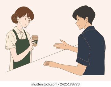 Barista wearing apron, holding, serving cup of coffee to customer. Hand drawn flat cartoon character vector illustration.