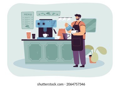 Barista wearing apron pouring whipped milk into espresso. Male character making good quality coffee flat vector illustration. Small business, coffee shop station or place concept