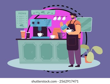 Barista wearing apron pouring whipped milk into espresso. Male character making good quality coffee flat vector illustration. Small business, coffee shop station or place concept