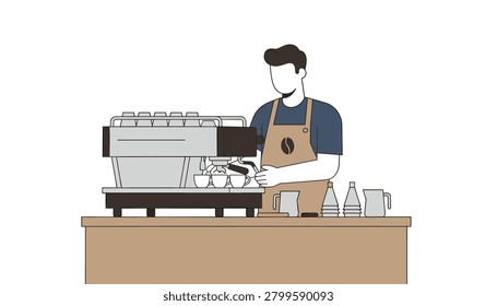 Barista wearing brown apron operating professional espresso machine on counter with multiple ceramic coffee cups placed on top for brewing hot beverages.
