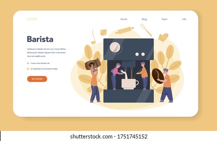 Barista web banner or landing page. Bartender making a cup of hot coffe. Energetic tasty beverage for breakfast with milk. Americano and cappuccino, espresso and mocha. Vector illustration