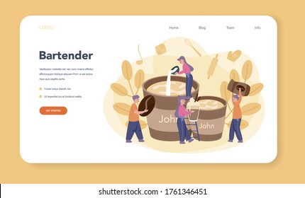 Barista web banner or landing page. Bartender making a cup of hot coffe. Energetic tasty beverage for breakfast with milk. Americano and cappuccino, espresso and mocha. Vector illustration