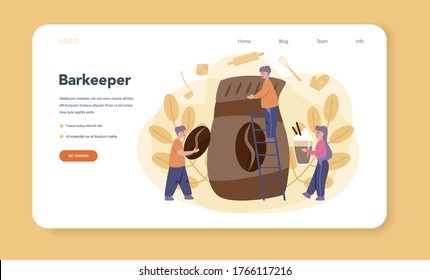 Barista web banner or landing page. Bartender making a cup of hot coffe. Energetic tasty beverage for breakfast with milk. Americano and cappuccino, espresso and mocha. Vector illustration