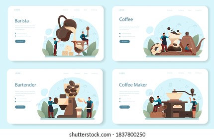 Barista web banner or landing page set. Bartender making a cup of hot coffe. Energetic tasty beverage for breakfast with milk. Americano and cappuccino, espresso and mocha. Vector illustration