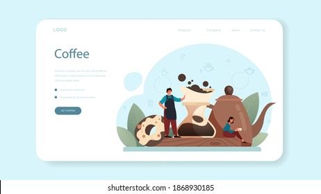 Barista web banner or landing page. Bartender making a cup of hot coffe. Energetic tasty beverage for breakfast with milk. Americano and cappuccino, espresso and mocha. Vector illustration