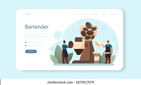 Barista web banner or landing page. Bartender making a cup of hot coffe. Energetic tasty beverage for breakfast with milk. Americano and cappuccino, espresso and mocha. Vector illustration