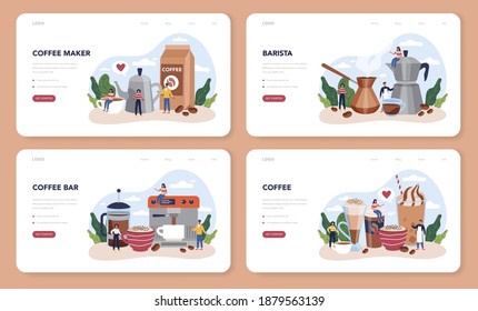 Barista web banner or landing page set. Bartender making a cup of hot coffe. Energetic tasty beverage for breakfast with milk. Americano and cappuccino, espresso and mocha. Vector flat illustration