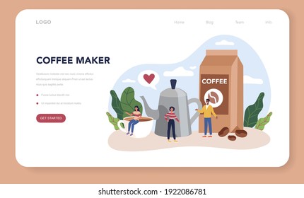 Barista web banner or landing page. Bartender making a cup of hot coffe. Energetic tasty beverage for breakfast with milk. Americano and cappuccino, espresso and mocha. Vector flat illustration