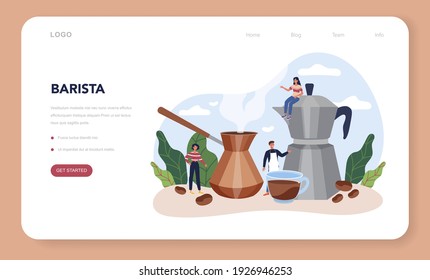Barista web banner or landing page. Bartender making a cup of hot coffe. Energetic tasty beverage for breakfast with milk. Americano and cappuccino, espresso and mocha. Vector flat illustration