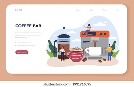 Barista web banner or landing page. Bartender making a cup of hot coffe. Energetic tasty beverage for breakfast with milk. Americano and cappuccino, espresso and mocha. Vector flat illustration