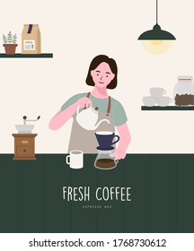 Barista woman making coffee on counter coffee. Female barista, manual brew drip coffee and accessories, wearing apron petting, interior decoration, Modern flat vector illustrations.