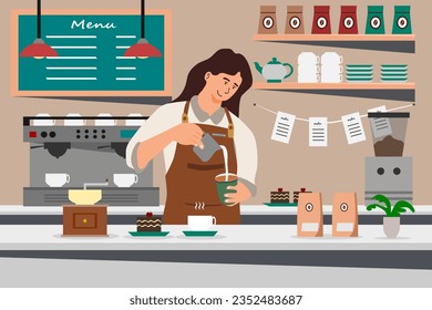 Mujer barista haciendo café en el café. Barista femenina, café de goteo manual de brea y accesorios, con poda de delantal, decoración interior, ilustraciones modernas de vector plano.