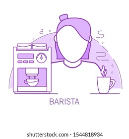 Barista woman outline cartoon character with a coffee maker and a cup. Hot drink. Line art  vector.