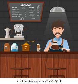 Barista at work design with mustached man pouring coffee in cup behind wooden bar counter vector illustration 