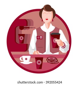 Barista at work, holding a coffee cup, vector icon illustration