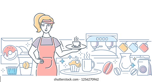 Barista at work - modern line design style illustration on white background. Colorful composition with worker, girl serving coffee, holding a tray with a cup, images of machine, beans, donuts, cupcake