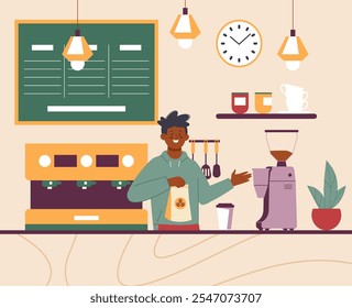 Barista en el trabajo. Trabajo estudiantil positivo en cafetería o cafetería y venta de bebidas y frijoles. Profesional camarero en el mostrador, bar de bebidas calientes Espléndido Vector