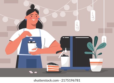 Barista at work. Woman prepares coffee or tea, employee of cafe, bar or restaurant. Sweets and tasty food, dessert with hot drinks. Coffee preparations metaphor. Cartoon flat vector illustration