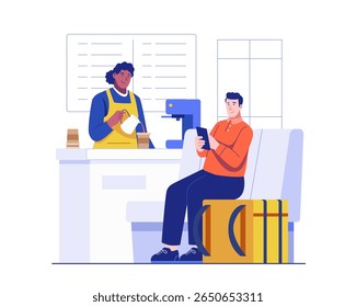 A barista worker serves an order from a food delivery courier at a cafe Restaurant. A male courier sits on a chair, waiting for the order to be prepared by a female barista